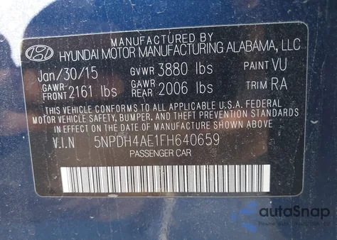 2015 Hyundai Elantra Se z USA, uszkodzony, nr VIN 5NPDH4AE1FH640659